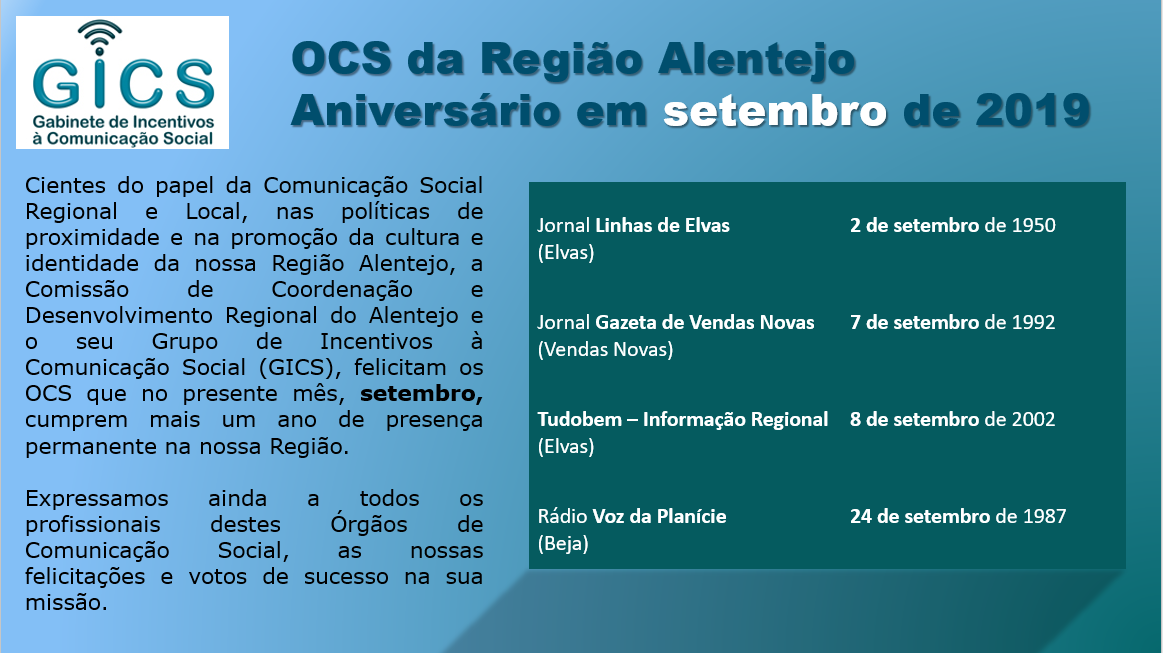 Aniversário em setembro 2019 OCS da Região Alentejo  