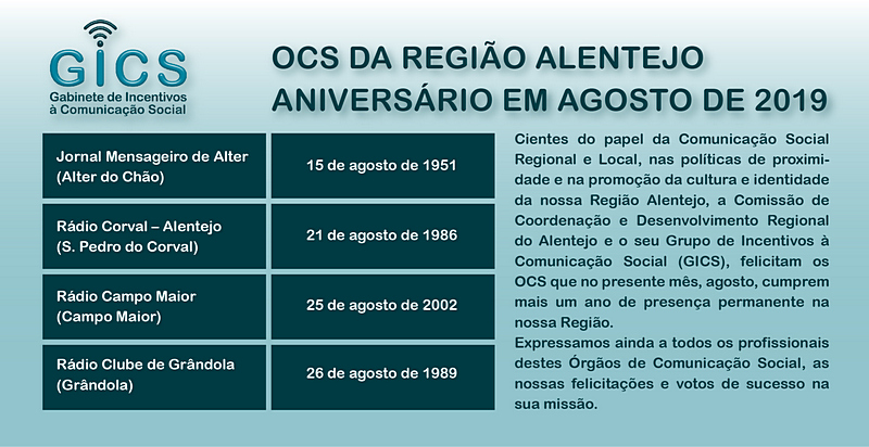 Aniversário em agosto 2019 OCS da Região Alentejo  