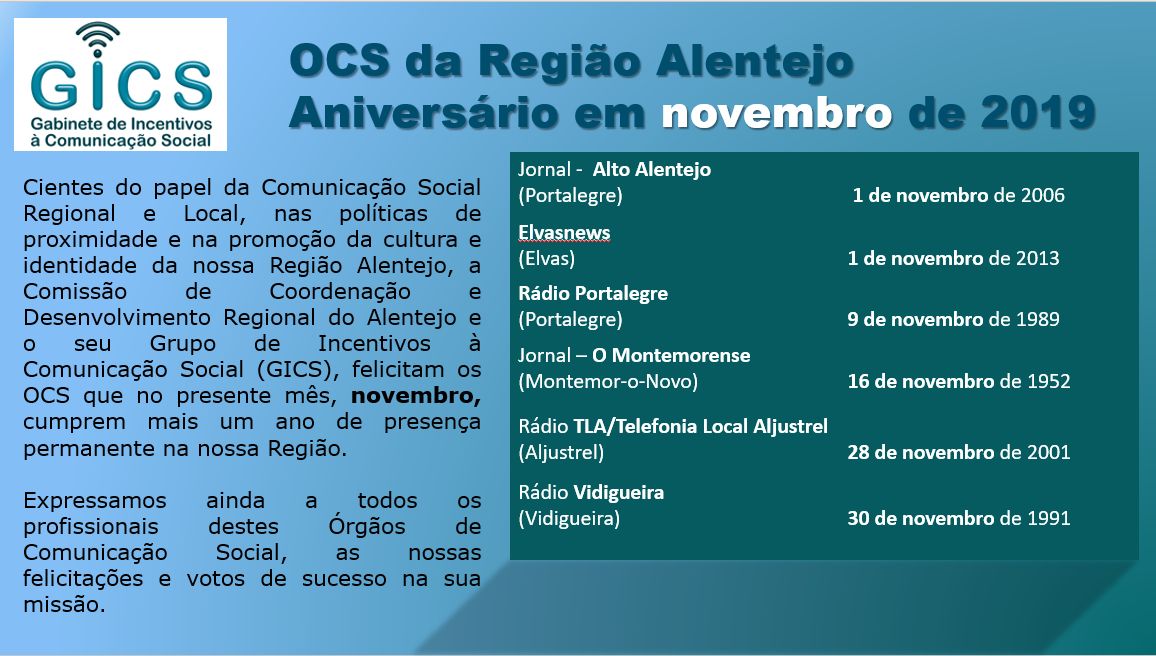 Aniversário em novembro 2019 OCS da Região Alentejo  