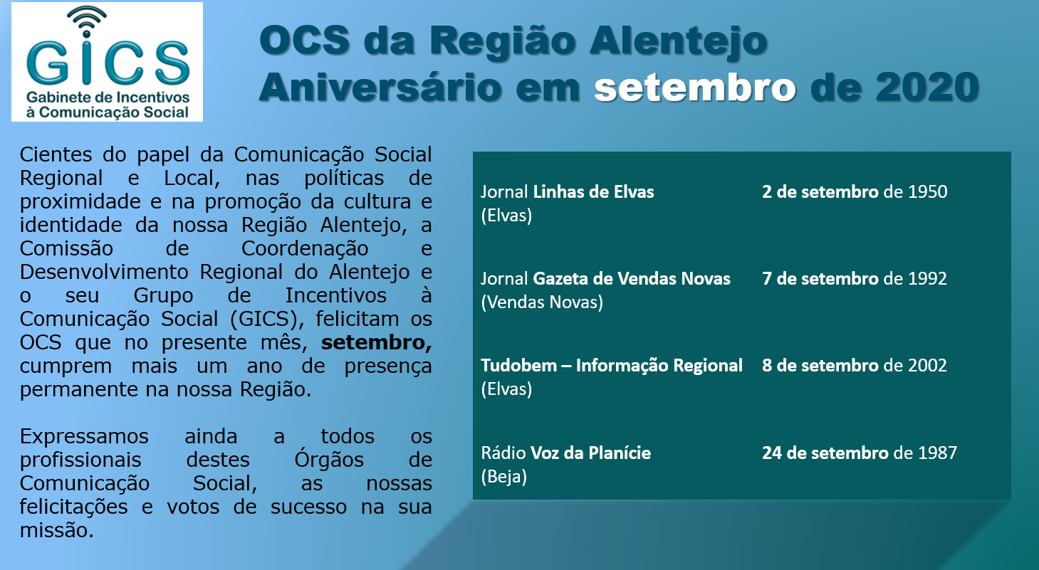 Aniversário em agosto 2020 OCS da Região Alentejo  